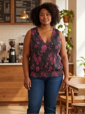 White House Black Market Black Floral Ribbed V-Neck Sleeveless Top